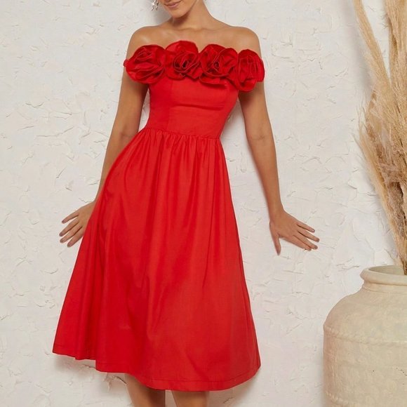 . Dresses & Skirts - Red Preppy Womens Off Shoulder 3D Appliques Dress
